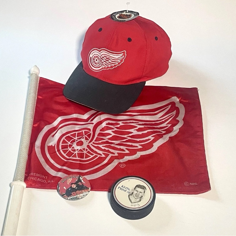 1990’s Red Wing Lot, New with tag SnapBack, Car Flag, Chris Osgood Pin & Puck